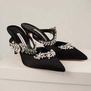 Manolo Blahnik Lurum 90 Crystal Embellished Mules, Black Satin, EU 39.5/US 9.5